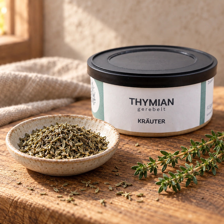 Gerebelter Thymian in einer Keramikschale mit frischen Zweigen neben der Originaldose.