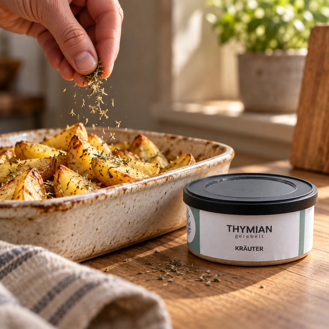 Eine Hand streut gerebelten Thymian über Kartoffelspalten in einer Ofenform; daneben steht die Originaldose. Zubereitungsvorschlag.
