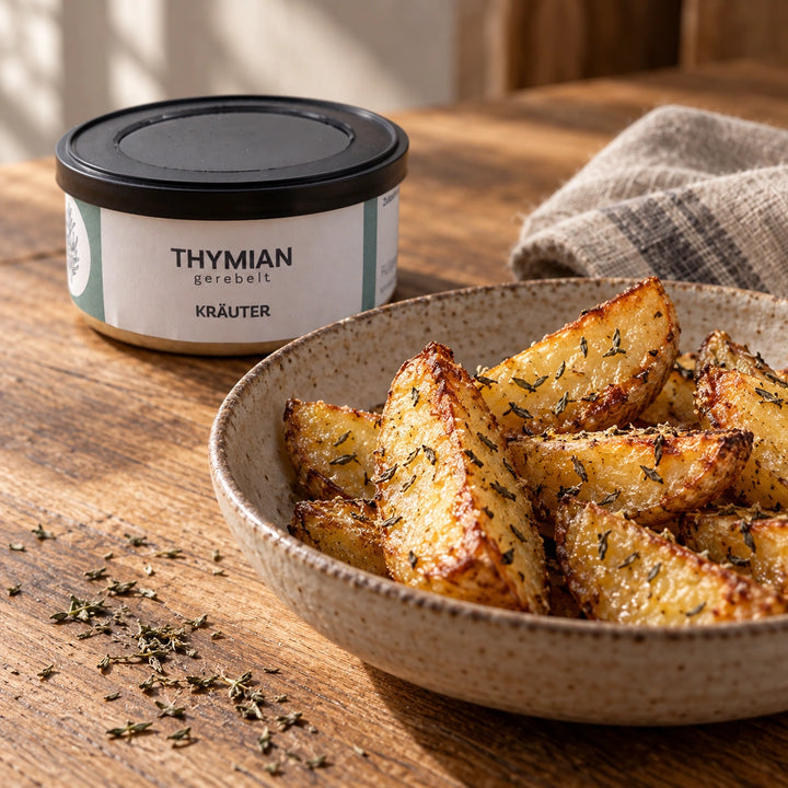 Goldbraune Ofenkartoffeln mit gerebeltem Thymian in einer Keramikschale neben der Originaldose; Serviervorschlag.