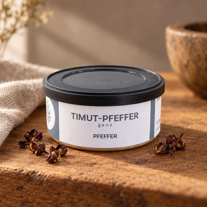 Timut Pfeffer in der Originaldose mit einigen rötlich-braunen Fruchtkapseln auf einem Holztisch.