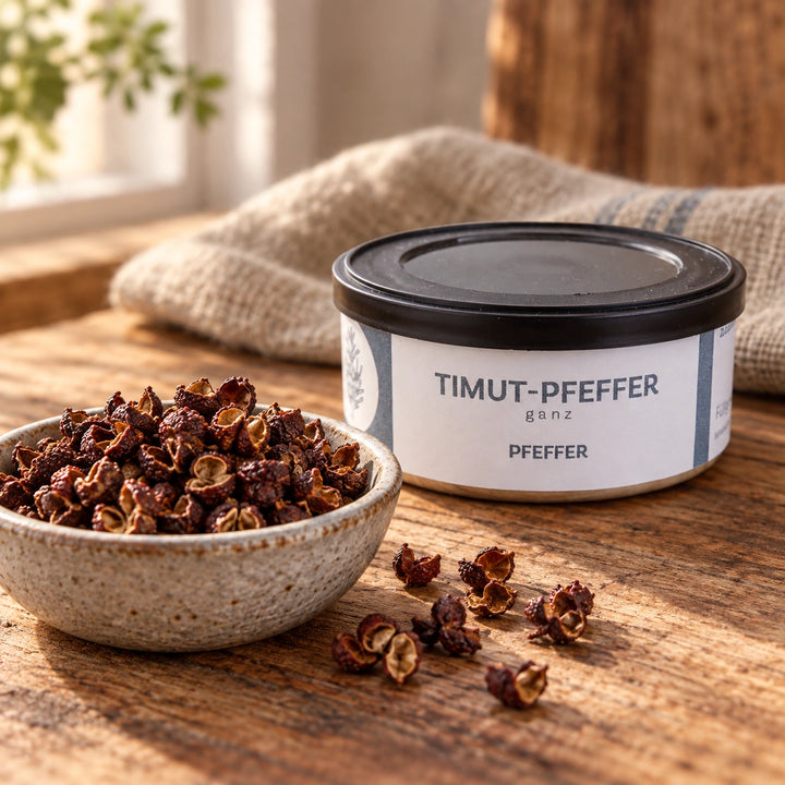 Rötlich-braune, geöffnete Timut-Fruchtkapseln in einer Keramikschale neben der Originaldose.
