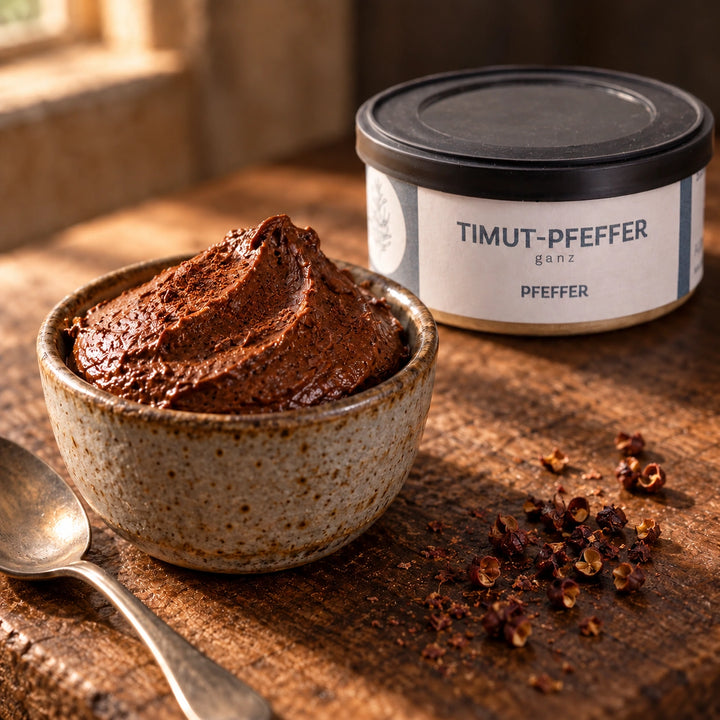 Dunkle Schokoladenmousse mit einer kleinen Prise zerstoßenem Timut Pfeffer neben der Originaldose; Serviervorschlag.