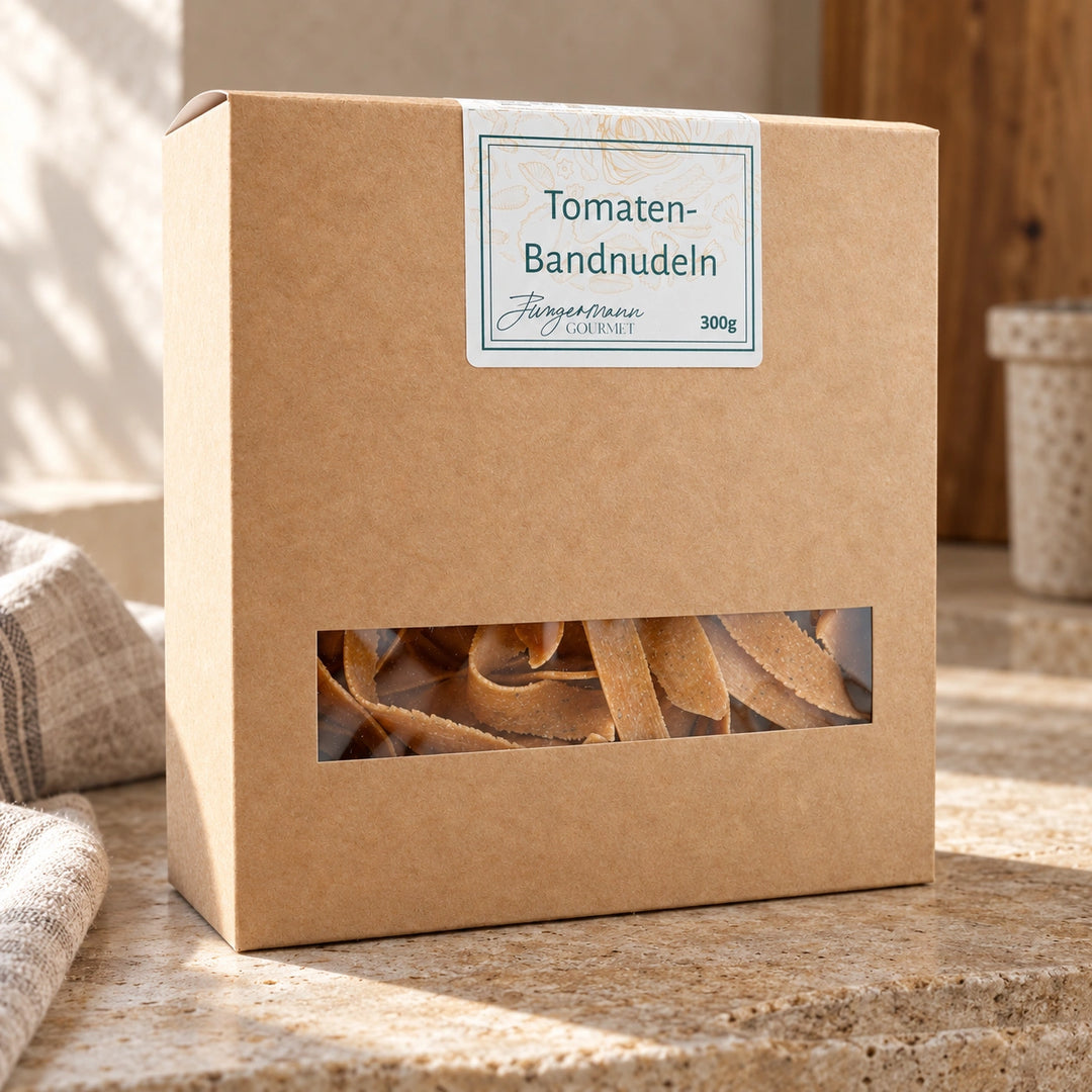 Tomaten-Bandnudeln in der originalen 300-g-Kartonverpackung auf warmem Stein.