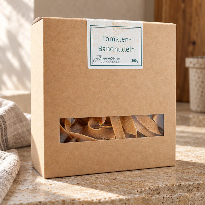 Tomaten-Bandnudeln in der originalen 300-g-Kartonverpackung auf warmem Stein.