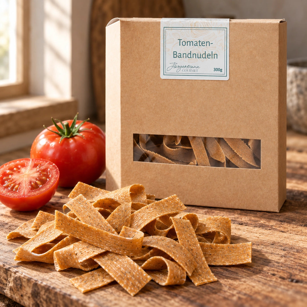 Tomaten und kurze orangefarbene Bandnudeln neben der Originalverpackung.