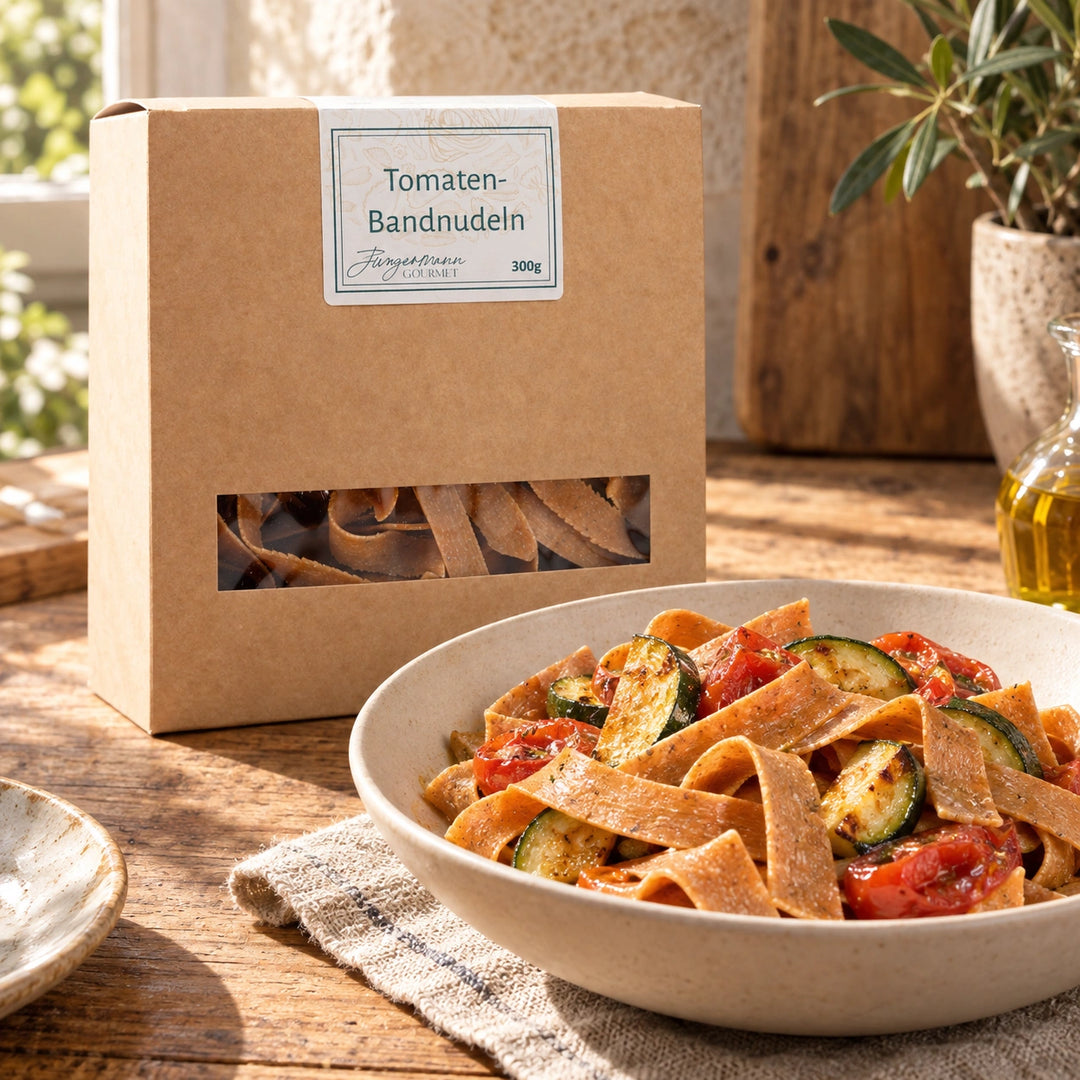 Tomaten-Bandnudeln mit gebratenem Gemüse neben der Originalverpackung. Serviervorschlag.