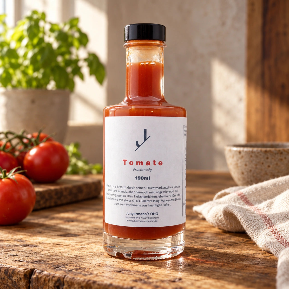 Tomatenessig in der originalen 190-ml-Flasche auf einer warmen Holzfläche.