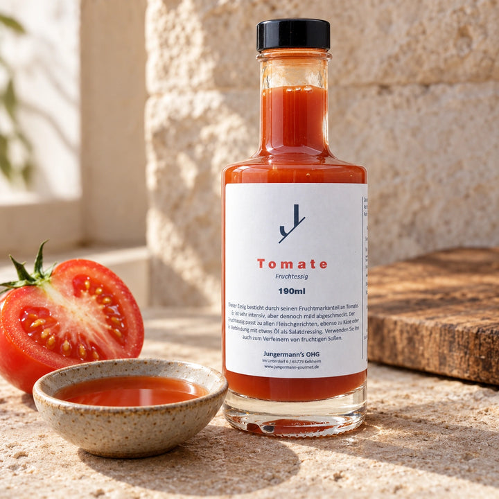Tomatenessig mit einer aufgeschnittenen Tomate und einer kleinen Schale Essig neben der Originalflasche.