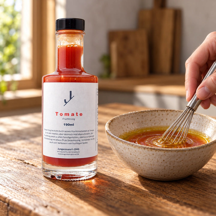 Eine Hand verrührt Tomatenessig und Öl zu einem Dressing; daneben steht die Originalflasche. Zubereitungsvorschlag.