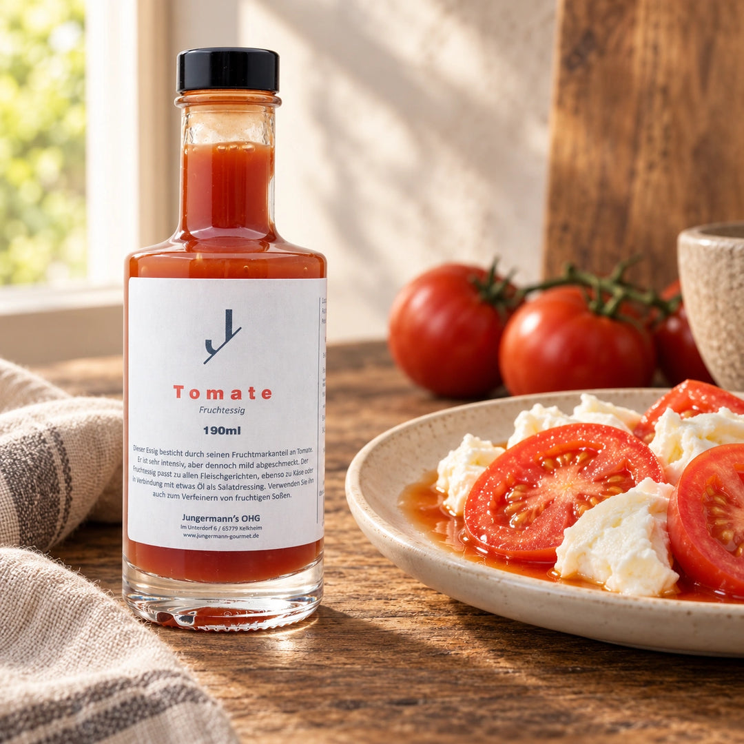 Tomaten und Mozzarella mit Tomatenessig-Dressing neben der Originalflasche; Serviervorschlag.