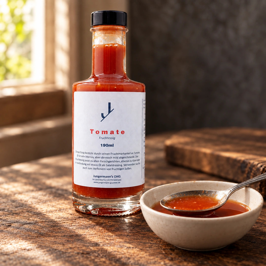 Nahaufnahme von Tomatenessig auf einem Löffel über einer Keramikschale vor der Originalflasche.