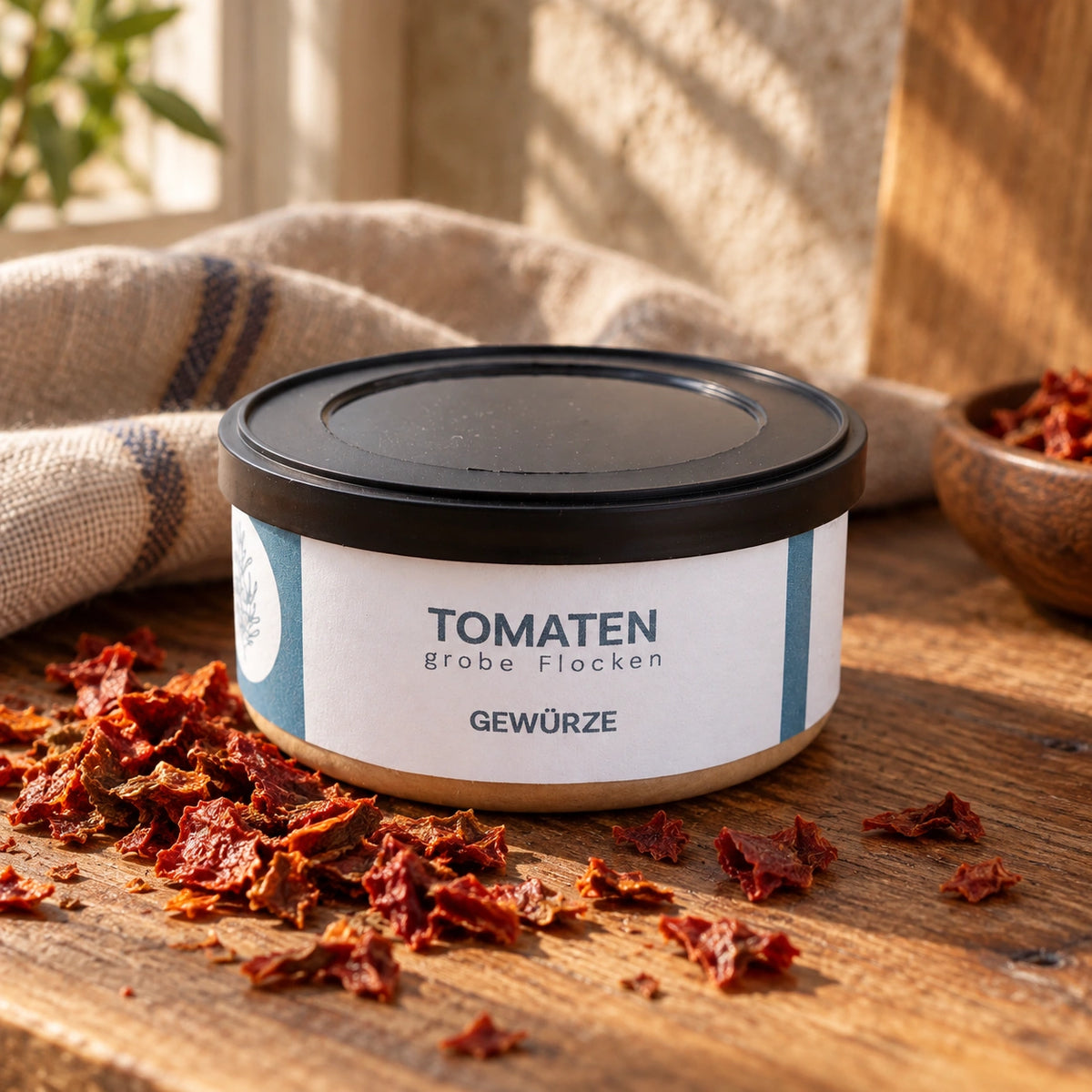 Tomatenflocken in der Originaldose neben wenigen getrockneten Tomatenstücken auf Holz.