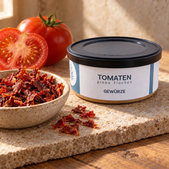 Getrocknete Tomatenflocken in einer Keramikschale mit einer frischen Tomate neben der Originaldose.