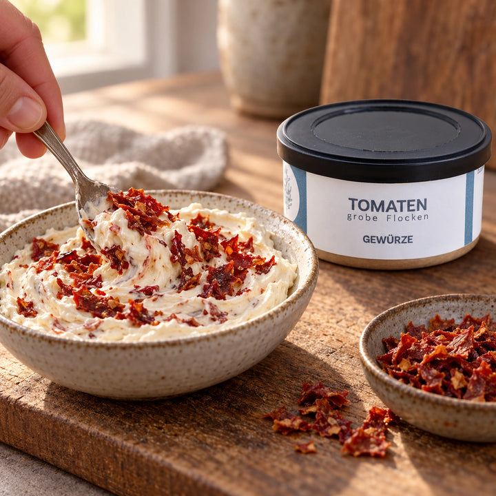 Tomatenflocken werden in einen cremigen Frischkäse-Dip eingerührt; die Originaldose steht daneben. Zubereitungsvorschlag.