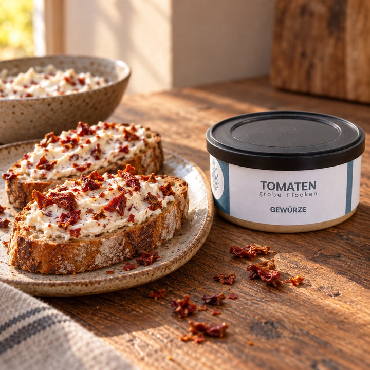 Geröstete Brotscheiben mit einem cremigen Tomatenflocken-Aufstrich neben der Originaldose; Serviervorschlag.