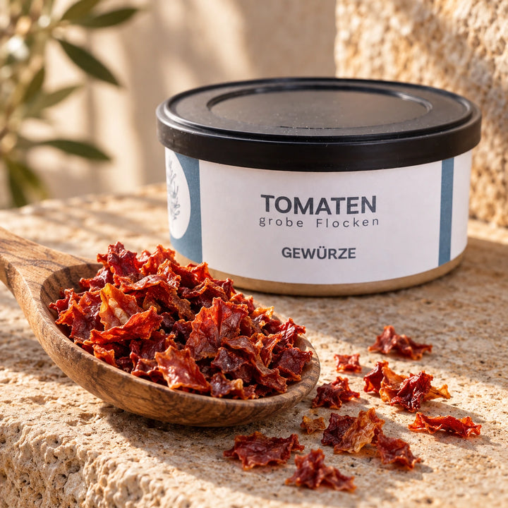 Nahaufnahme grober getrockneter Tomatenflocken auf einem Holzlöffel vor der Originaldose.