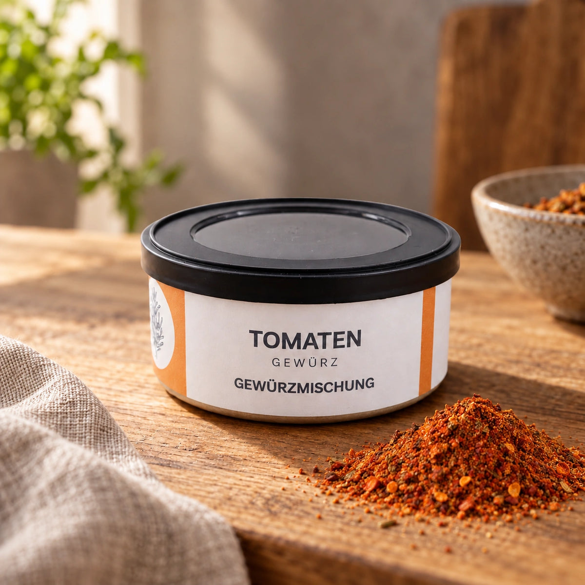 Tomatengewürz in der Originaldose mit einer kleinen Menge Gewürzmischung auf Holz.