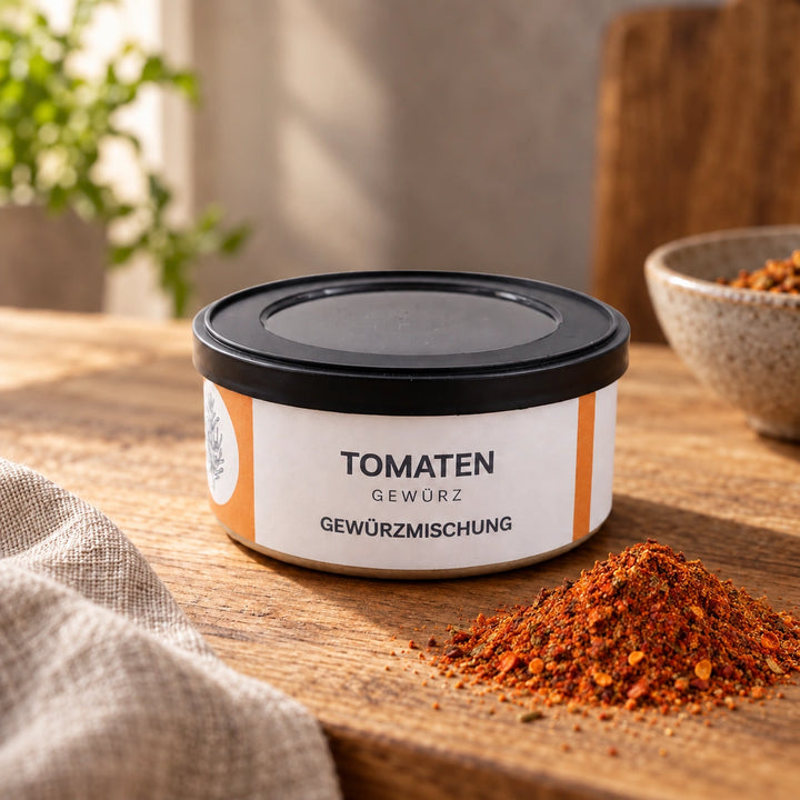 Tomatengewürz in der Originaldose mit einer kleinen Menge Gewürzmischung auf Holz.