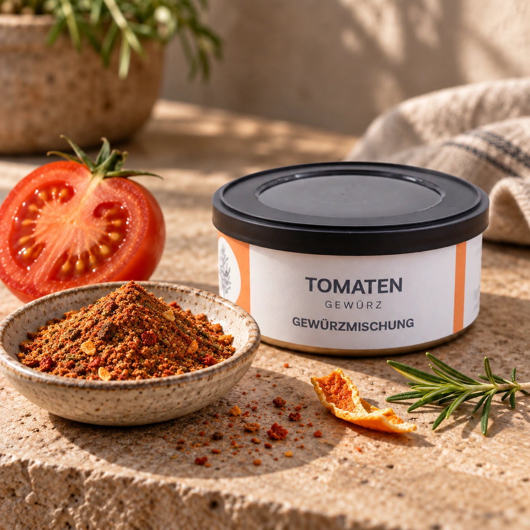 Tomatengewürz mit Tomate, getrockneter Orangenschale und Rosmarin neben der Originaldose.