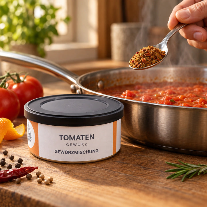 Eine Hand gibt Tomatengewürz in eine Tomatensauce; daneben steht die Originaldose. Zubereitungsvorschlag.