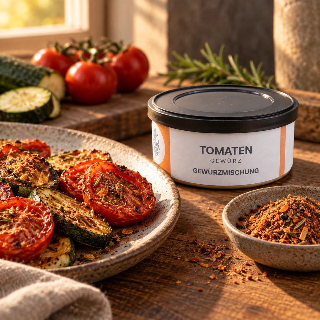 Geröstete Tomaten und Zucchini mit Tomatengewürz neben der Originaldose; Serviervorschlag.