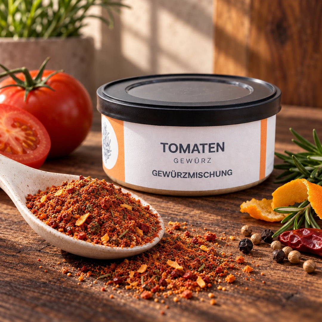 Nahaufnahme der Tomaten-Gewürzmischung in einem Keramiklöffel vor der Originaldose.