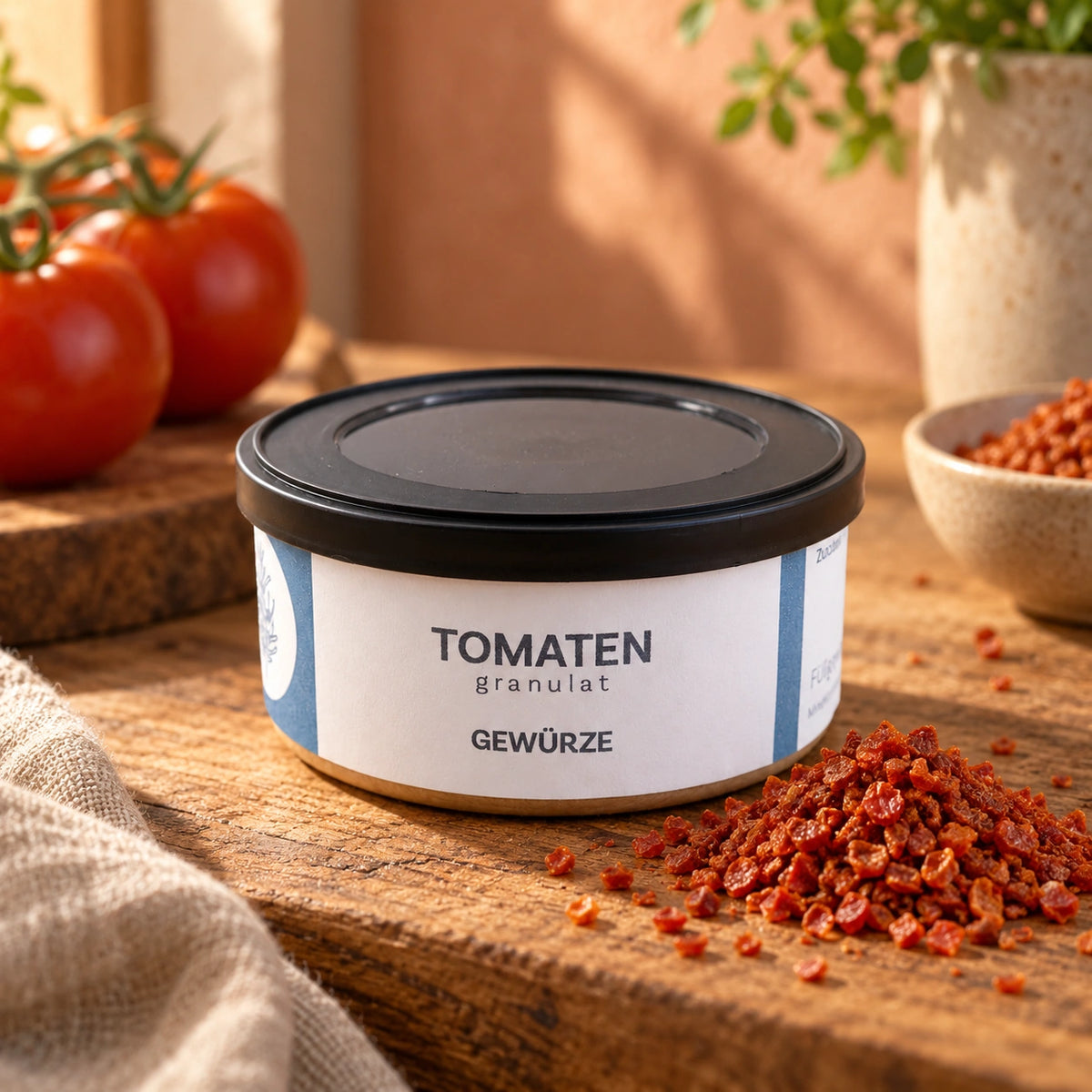 Tomatengranulat in der Originaldose mit kleinen getrockneten Tomatenkörnchen auf Holz.