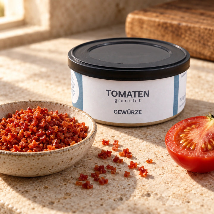 Kleines Tomatengranulat in einer Keramikschale mit einer Tomatenhälfte neben der Originaldose.