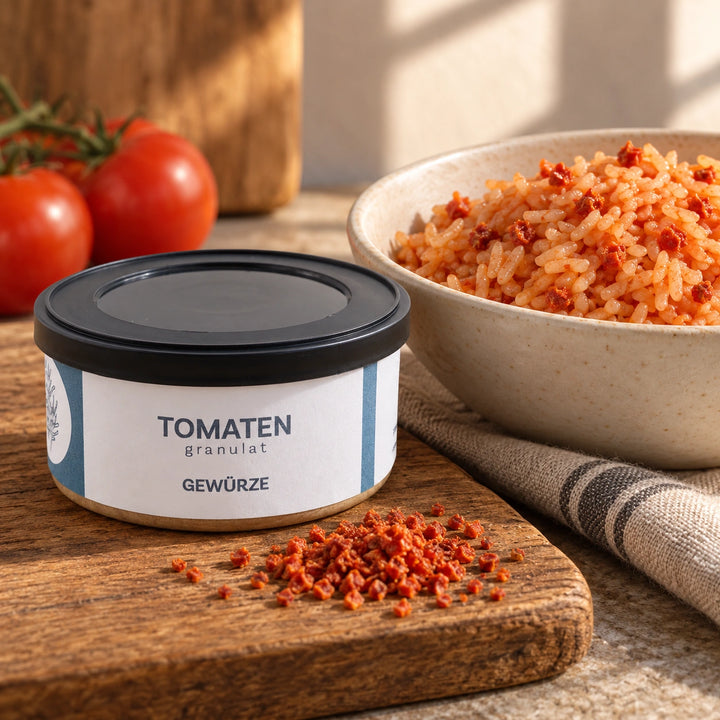 Locker angerichteter Tomatenreis mit kleinen Tomatenstückchen neben der Originaldose; Serviervorschlag.