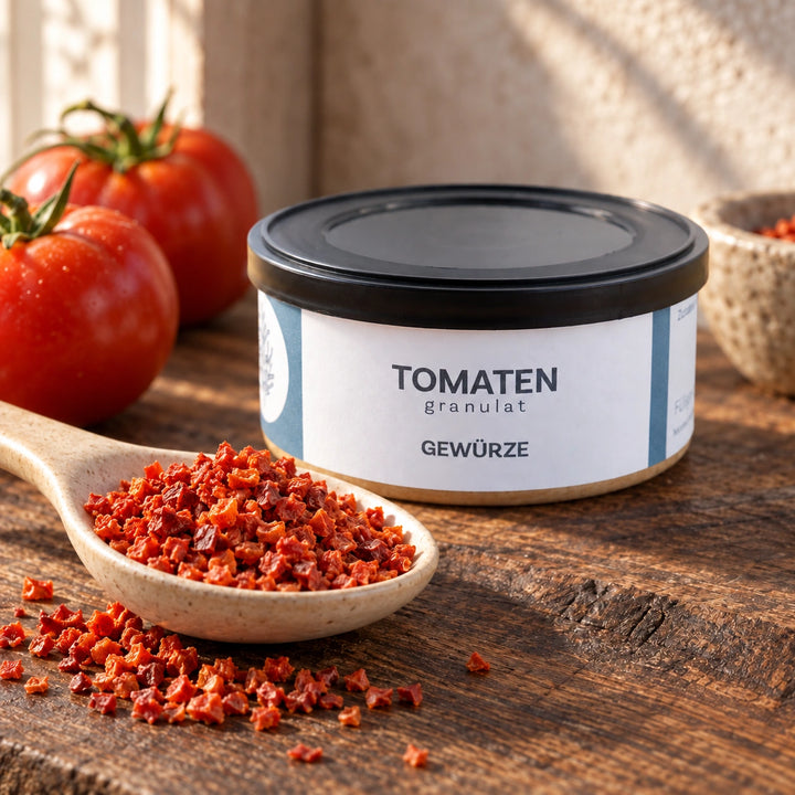 Nahaufnahme kleiner getrockneter Tomatenkörnchen in einem Keramiklöffel vor der Originaldose.