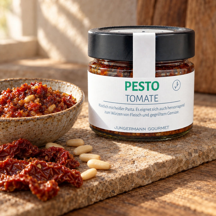 Tomatenpesto mit getrockneten Tomaten und Pinienkernen neben dem Originalglas.