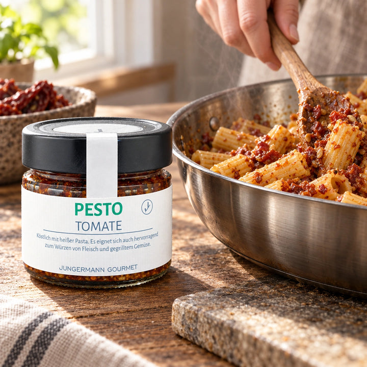 Tomatenpesto wird mit einem Holzlöffel unter warme Rigatoni gehoben; das Originalglas steht daneben. Zubereitungsvorschlag.
