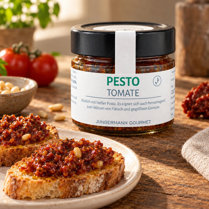 Geröstete Brotscheiben mit Tomatenpesto neben dem Originalglas; Serviervorschlag.