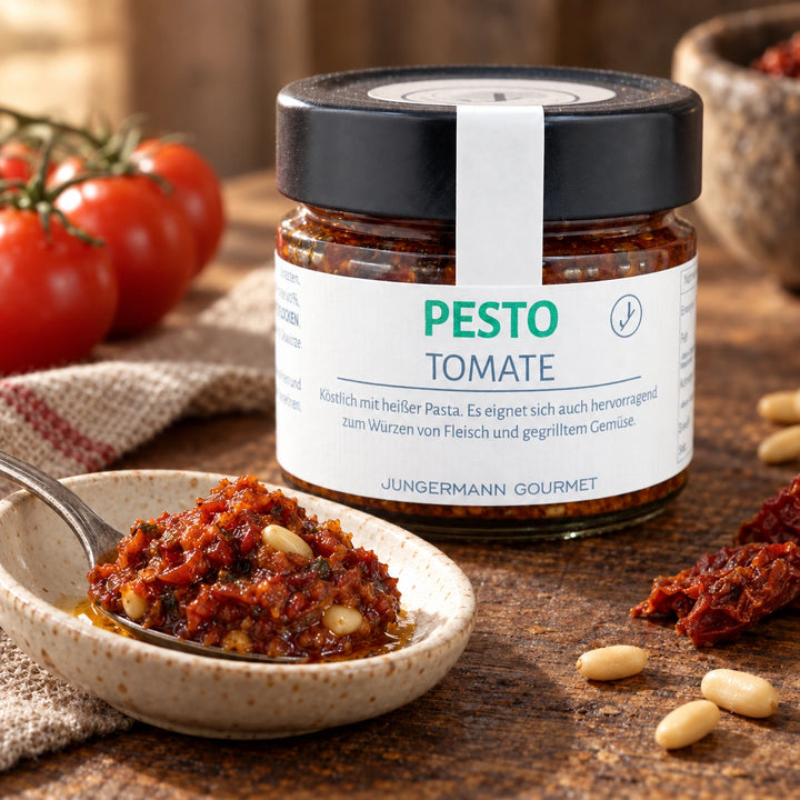 Nahaufnahme von grobem Tomatenpesto auf einem Löffel vor dem Originalglas.