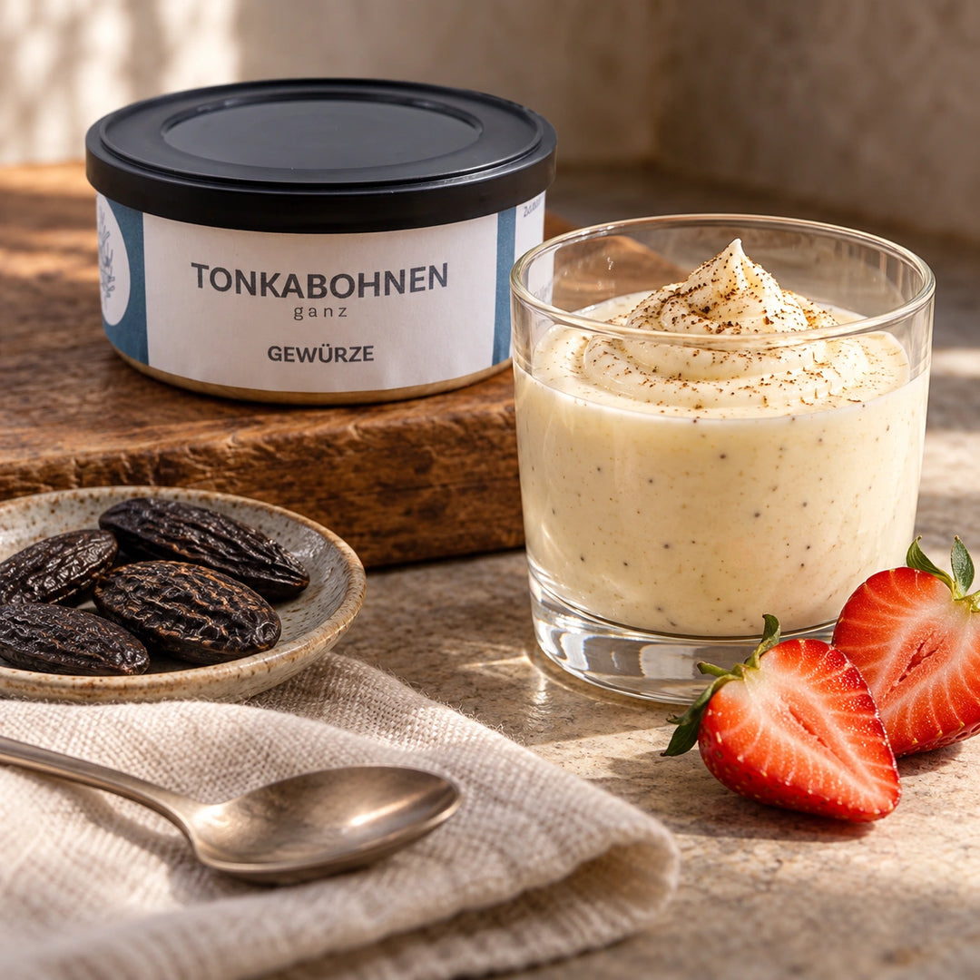 Serviervorschlag: Cremedessert mit Erdbeeren neben der Originaldose Tonkabohnen.