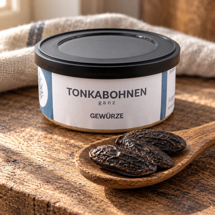 Nahaufnahme ganzer Tonkabohnen mit ihrer runzligen Oberfläche vor der Originaldose.