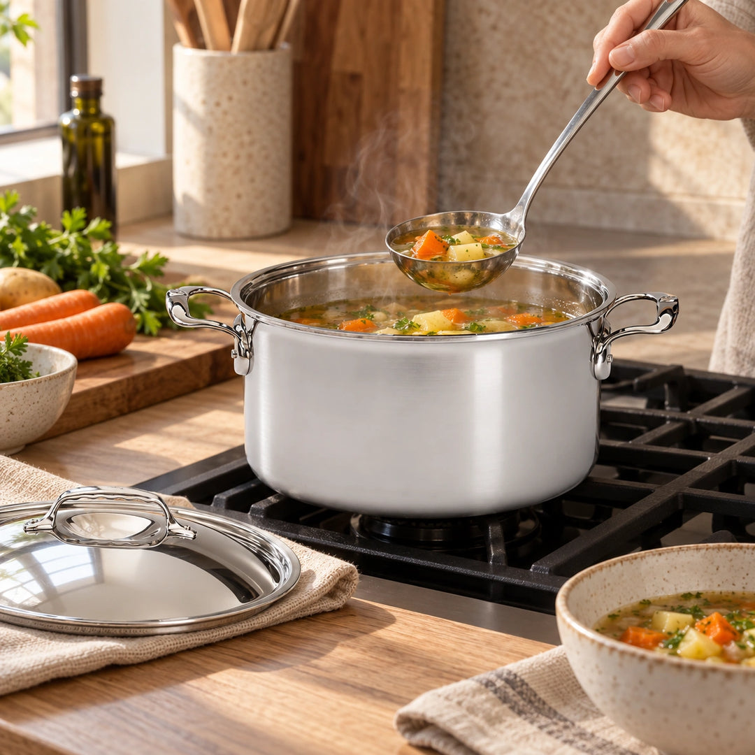 Anwendungsbeispiel: Eine Hand schöpft Gemüsesuppe aus dem Affinity-Topf.