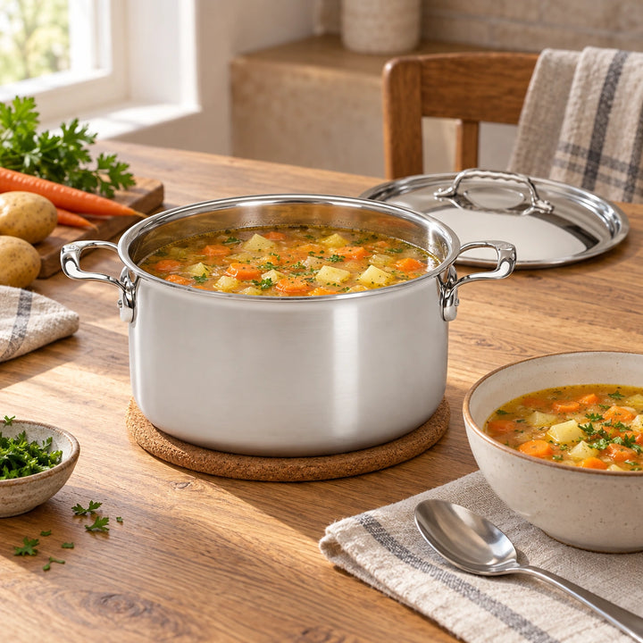 Anwendungsbeispiel: Gemüsesuppe im Affinity-Topf und in einer Schale auf dem gedeckten Tisch.