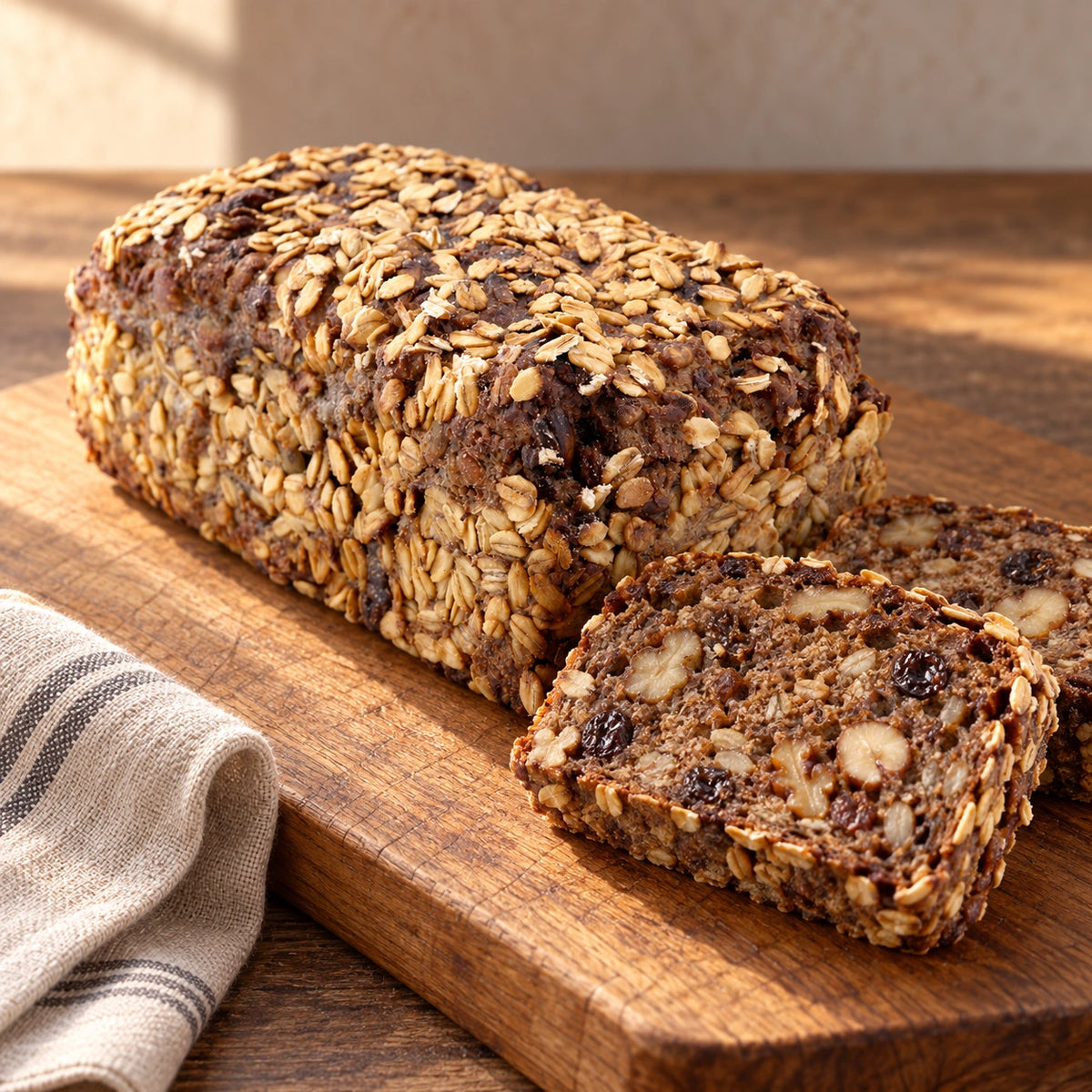 Trauben-Nuss-Brot mit kräftiger Kruste und Haferflocken auf einem Holzbrett.