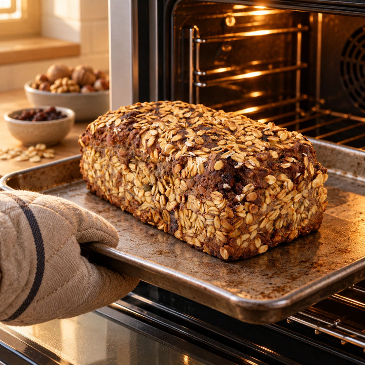 Ein ofenbehandschuhter Arm zieht das Trauben-Nuss-Brot auf einem Blech aus dem Backofen.