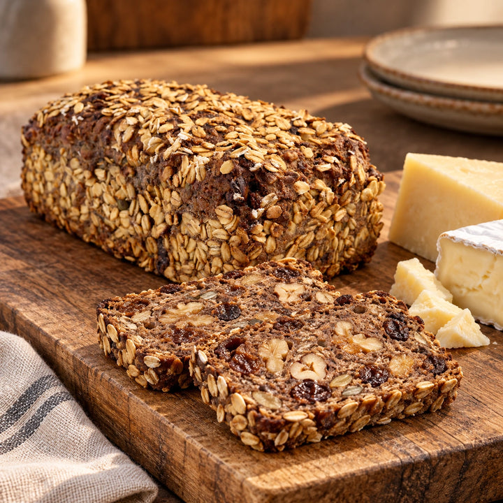 Serviervorschlag: Scheiben vom Trauben-Nuss-Brot auf einer kleinen Käseplatte.