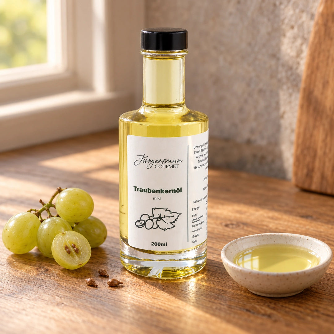 Trauben, kleine Traubenkerne und helles Öl neben der Originalflasche Traubenkernöl.