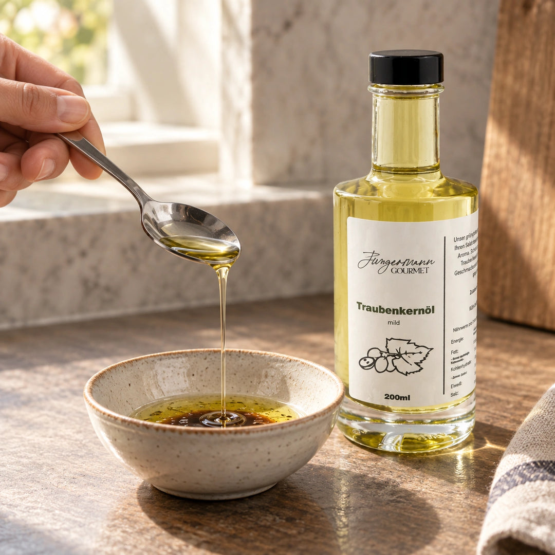 Eine Hand gibt Traubenkernöl mit einem Löffel in eine Dressingschale neben der Originalflasche. Serviervorschlag.