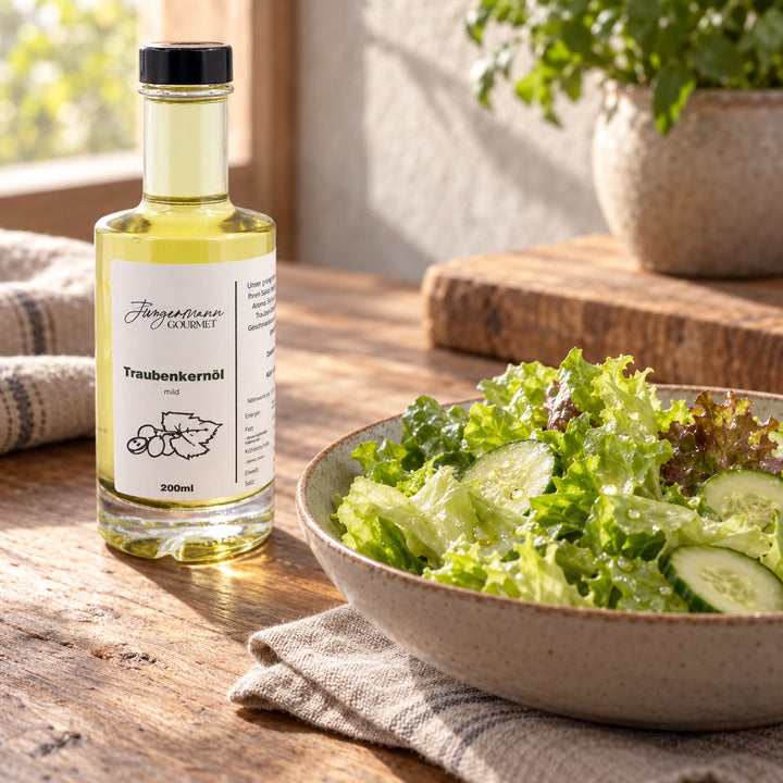 Blattsalat mit leichtem Dressing neben der Originalflasche Traubenkernöl. Serviervorschlag.