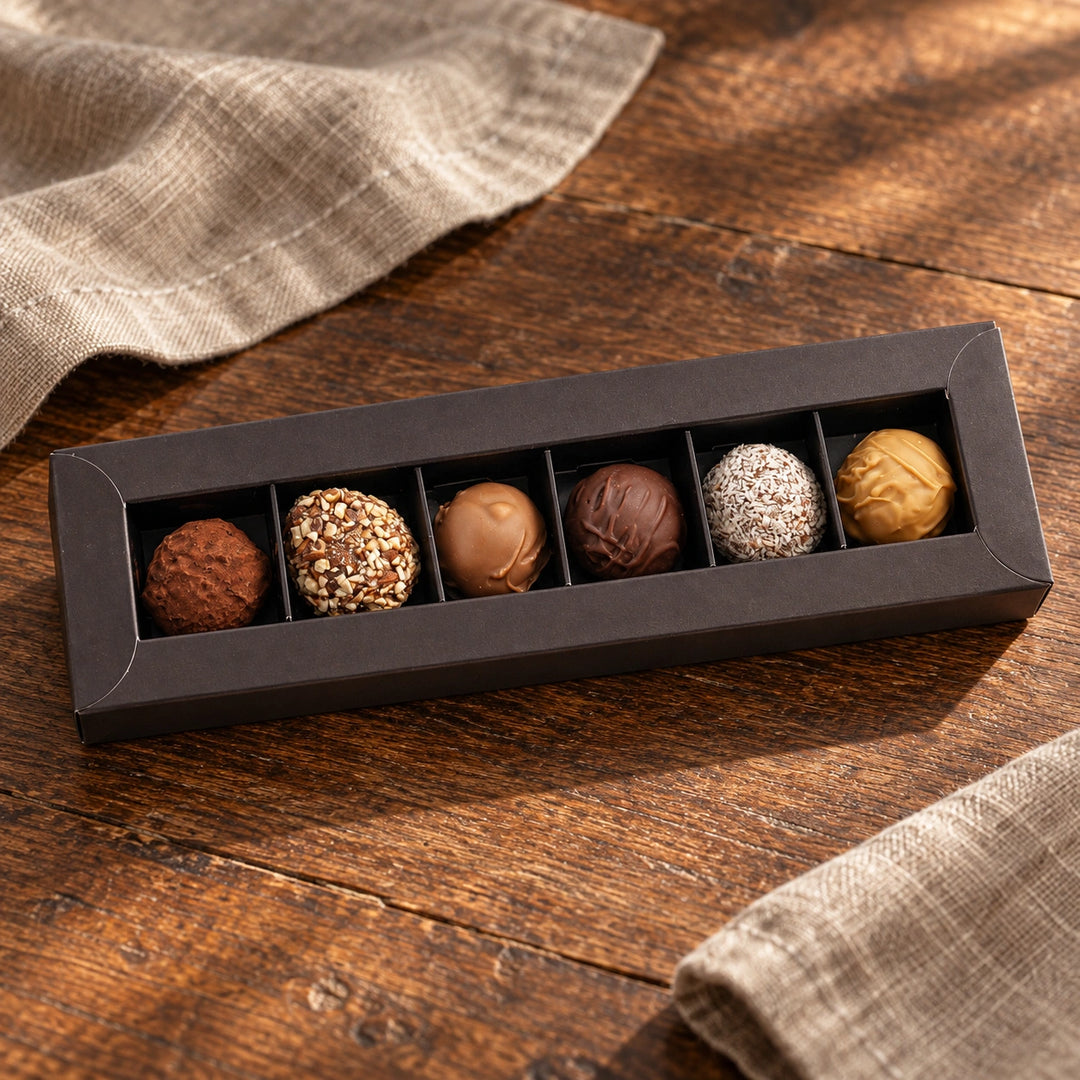 Trüffel Variation mit sechs unterschiedlichen Pralinen in der originalen länglichen Präsentationsbox.
