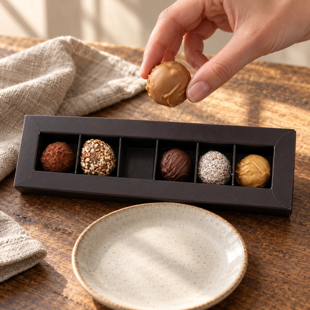 Eine Hand nimmt eine Praline aus der Trüffelbox und legt sie auf einen kleinen Teller.