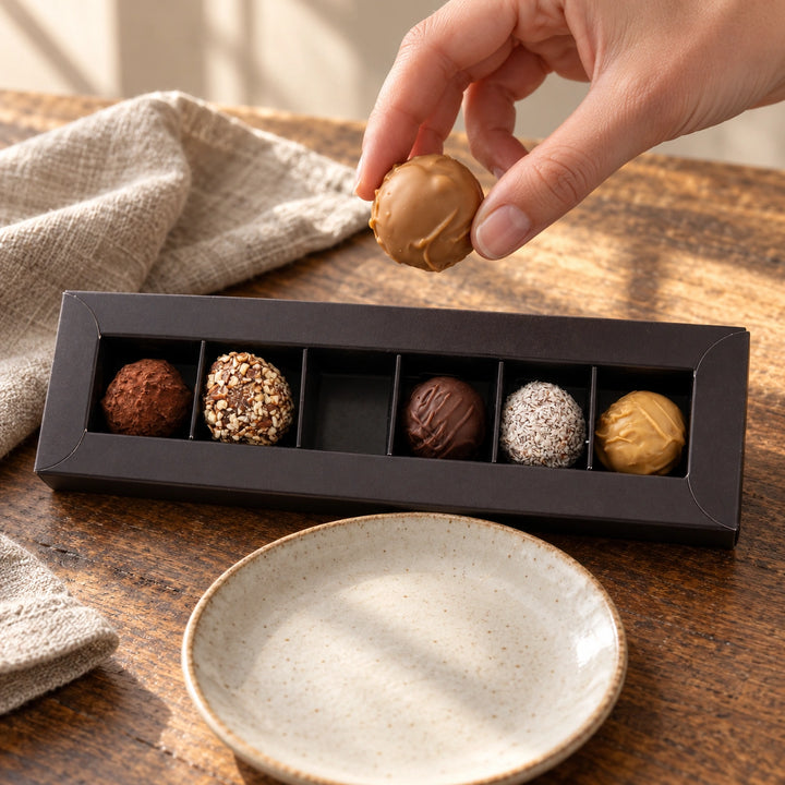 Eine Hand nimmt eine Praline aus der Trüffelbox und legt sie auf einen kleinen Teller.