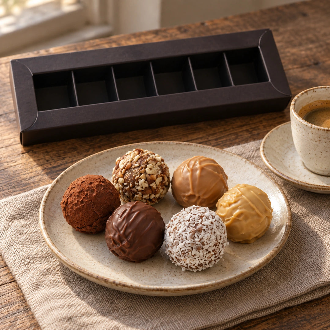 Serviervorschlag: Sechs Trüffelpralinen auf einem kleinen Teller zu einer Tasse Espresso.