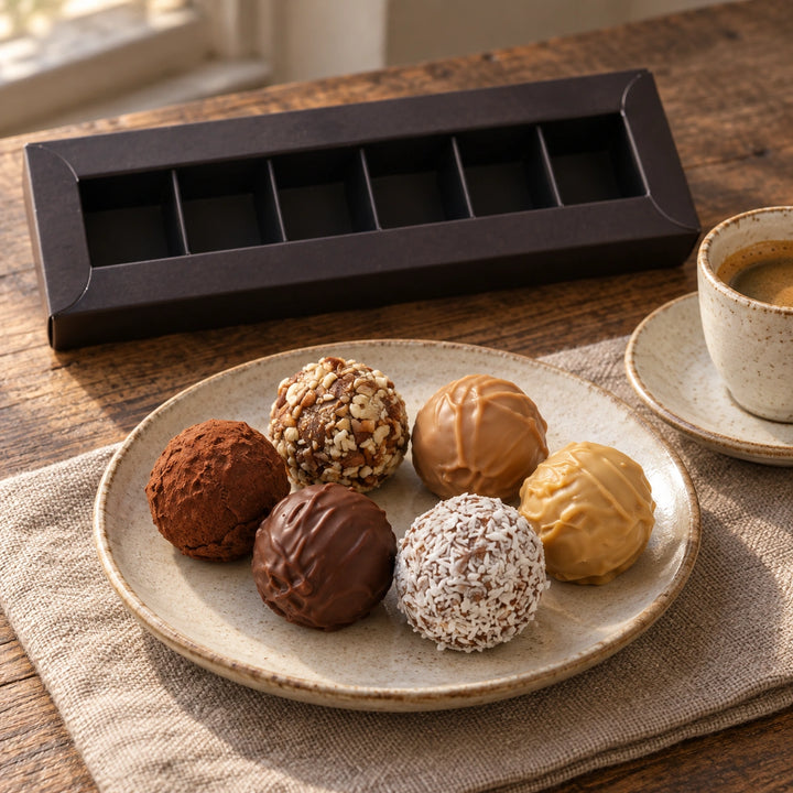 Serviervorschlag: Sechs Trüffelpralinen auf einem kleinen Teller zu einer Tasse Espresso.