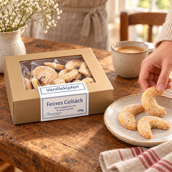 Eine Hand serviert zuckerbestäubte Vanillekipferl neben der Gebäckschachtel von Jungermann Gourmet.